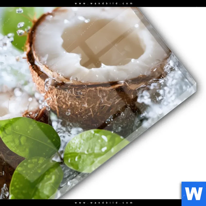 Acrylglasbild | Frische Kokosnuss im Wassersplash | Querformat