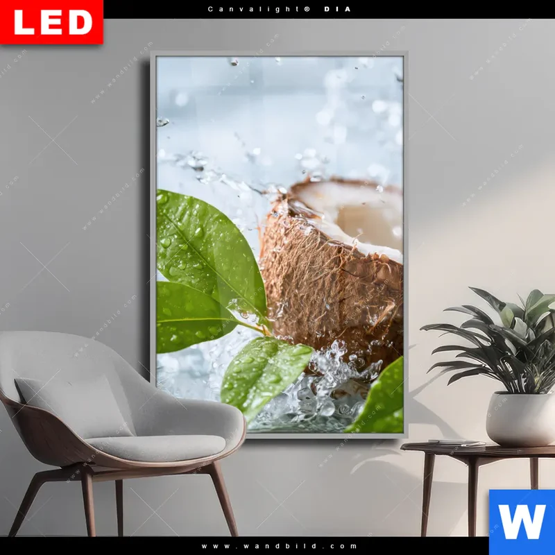 Wechselmotiv Acrylglas Canvalight® DIA | Frische Kokosnuss im Wassersplash | Hochformat