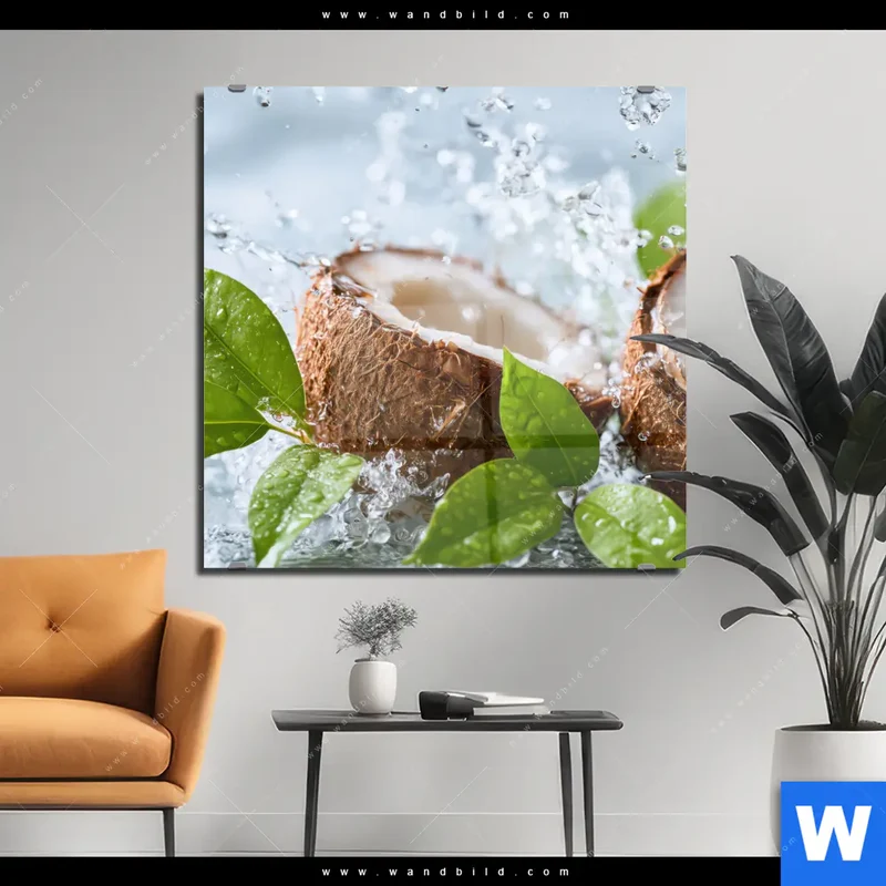Acrylglasbild | Frische Kokosnuss im Wassersplash | Quadrat