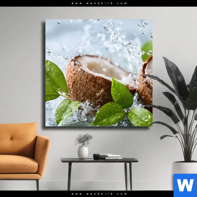 Leinwandbild | Frische Kokosnuss im Wassersplash | Quadrat