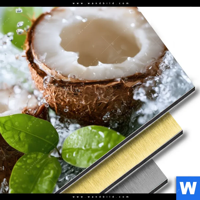 Aluminiumbild gebürstet | Frische Kokosnuss im Wassersplash | Querformat