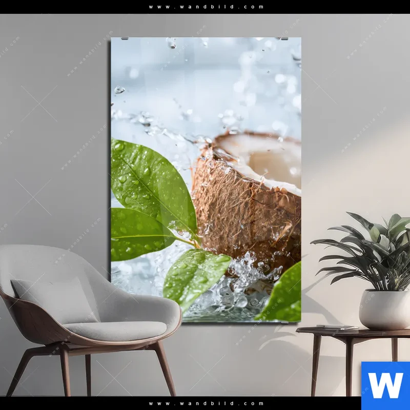 Acrylglasbild | Frische Kokosnuss im Wassersplash | Hochformat