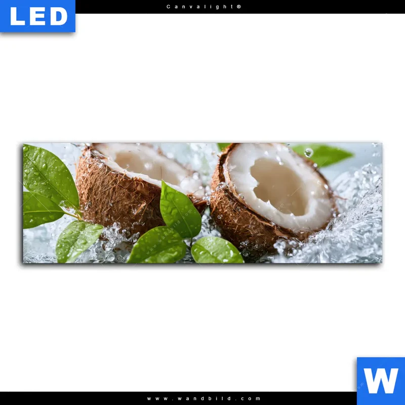 Canvalight® Leuchtbild | Frische Kokosnuss im Wassersplash | Panorama