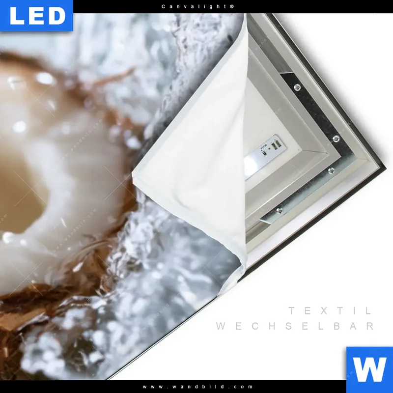 Canvalight® Leuchtbild | Frische Kokosnuss im Wassersplash | Panorama