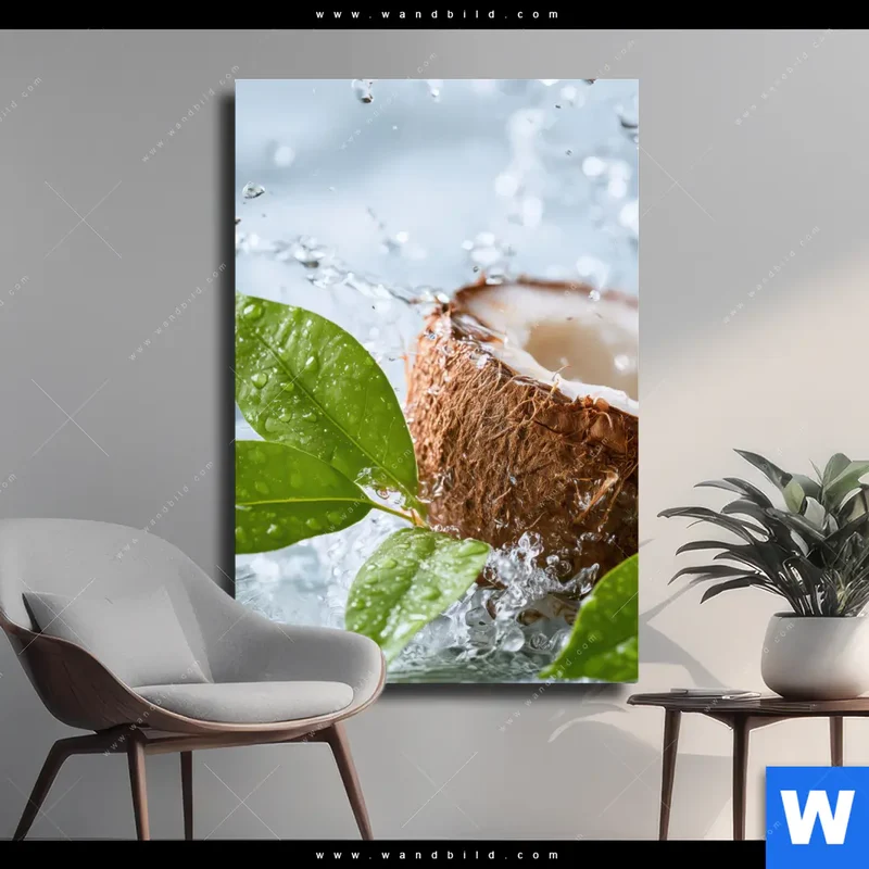 Leinwandbild | Frische Kokosnuss im Wassersplash | Hochformat