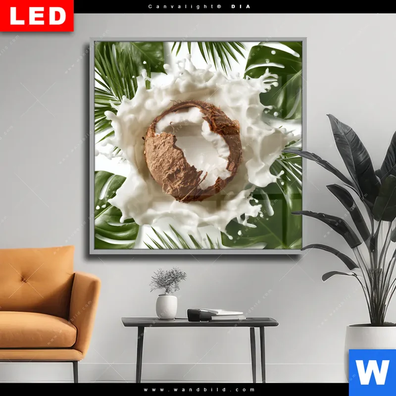 Wechselmotiv Acrylglas Canvalight® DIA | Kokosnuss mit Kokosmilch & Palmenblättern | Quadrat