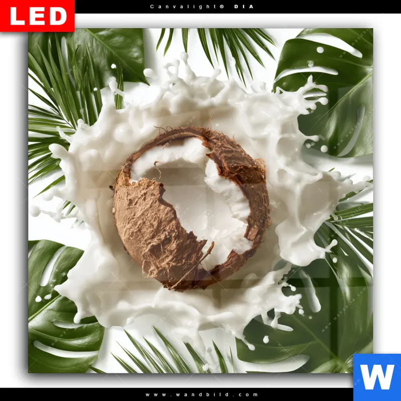Wechselmotiv Acrylglas Canvalight® DIA | Kokosnuss mit Kokosmilch & Palmenblättern | Quadrat
