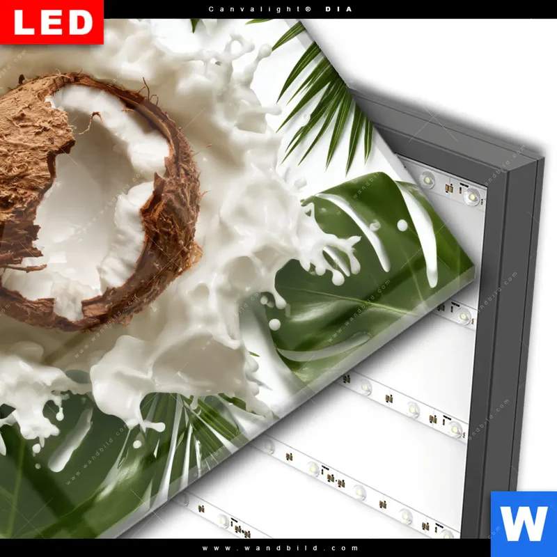Wechselmotiv Acrylglas Canvalight® DIA | Kokosnuss mit Kokosmilch & Palmenblättern | Quadrat