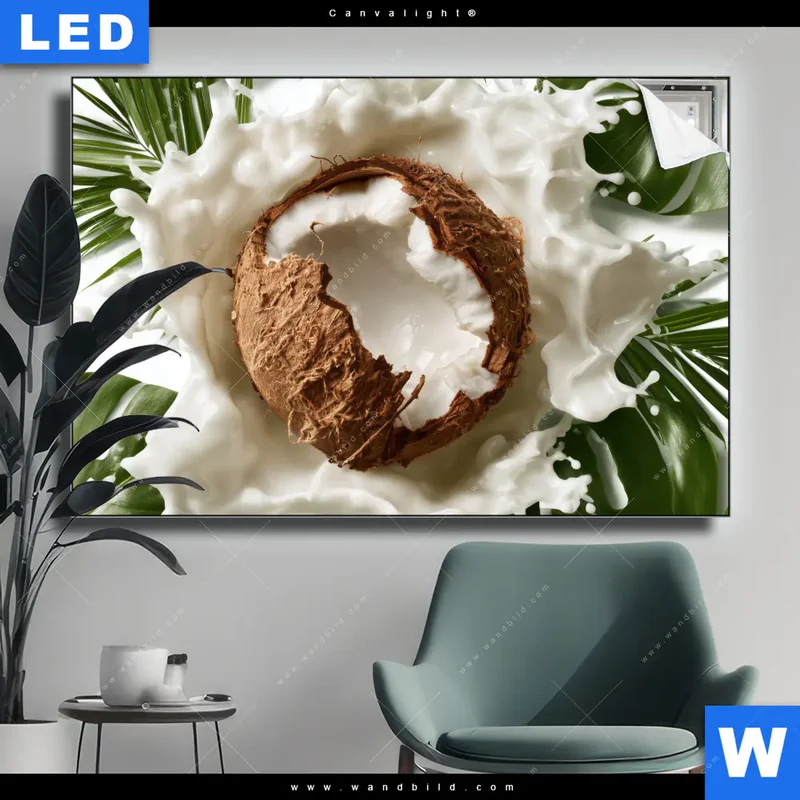 Canvalight® Leuchtbild | Kokosnuss mit Kokosmilch & Palmenblättern | Querformat