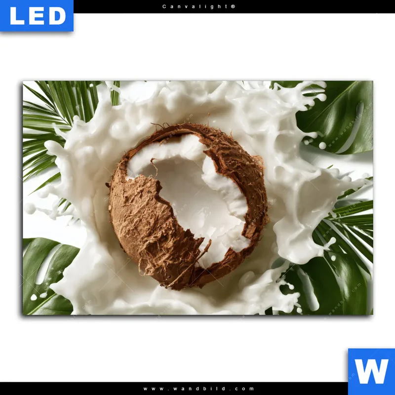 Canvalight® Leuchtbild | Kokosnuss mit Kokosmilch & Palmenblättern | Querformat