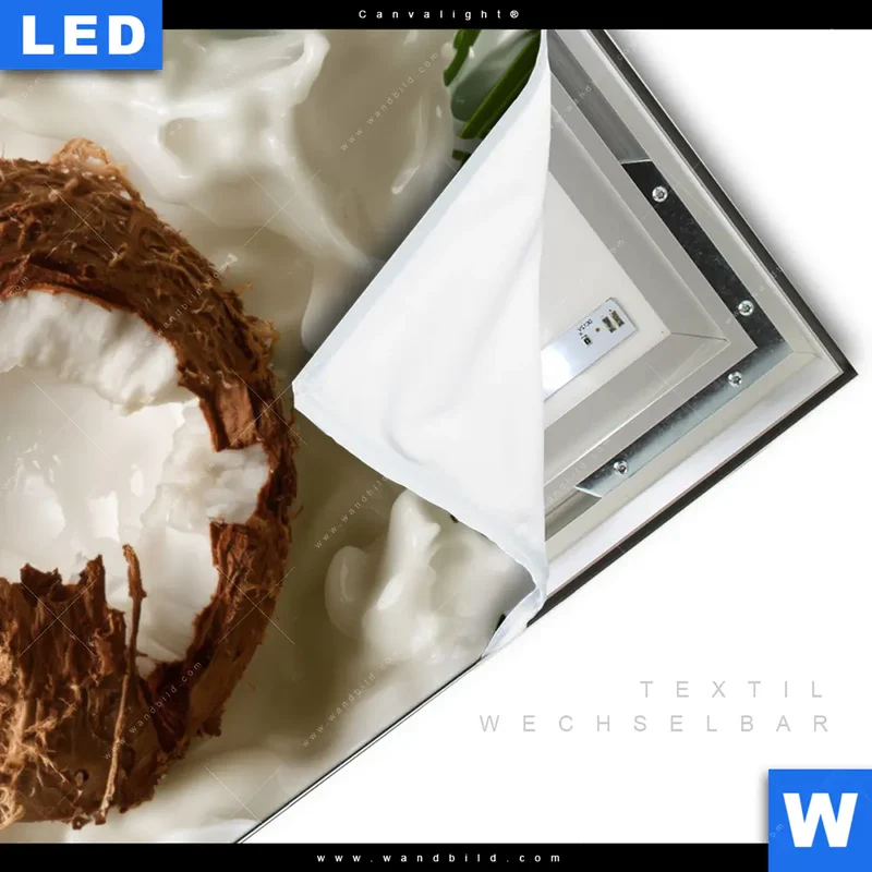 Canvalight® Leuchtbild | Kokosnuss mit Kokosmilch & Palmenblättern | Querformat