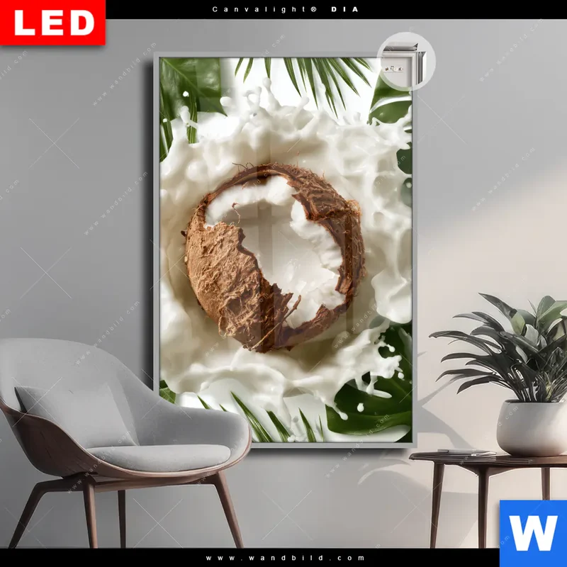 Leuchtbild Acrylglas Canvalight® DIA | Kokosnuss mit Kokosmilch & Palmenblättern | Hochformat