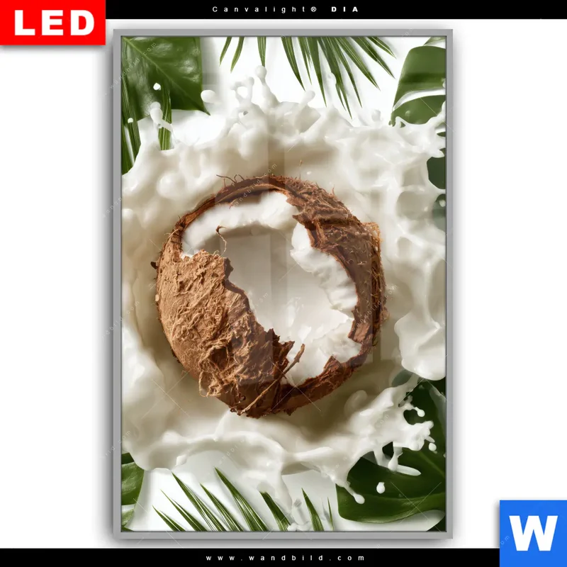 Leuchtbild Acrylglas Canvalight® DIA | Kokosnuss mit Kokosmilch & Palmenblättern | Hochformat