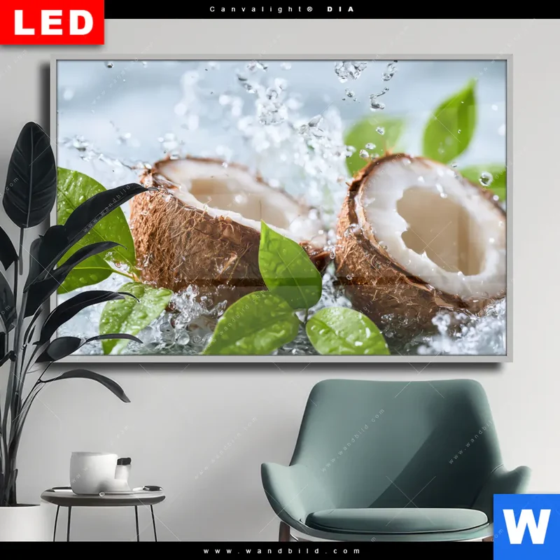 Wechselmotiv Acrylglas Canvalight® DIA | Frische Kokosnuss im Wassersplash | Querformat