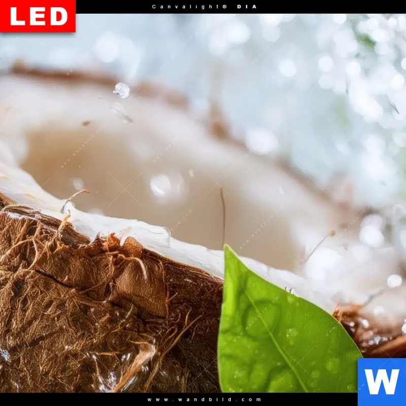 Wechselmotiv Acrylglas Canvalight® DIA | Frische Kokosnuss im Wassersplash | Querformat