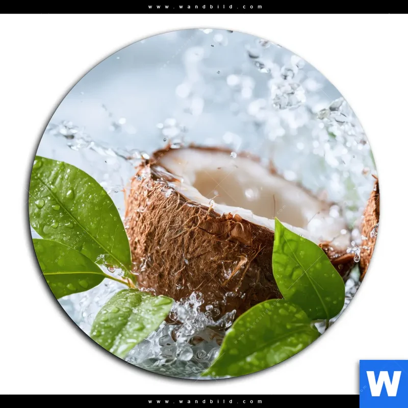 Aluminiumbild gebürstet | Frische Kokosnuss im Wassersplash | Rund