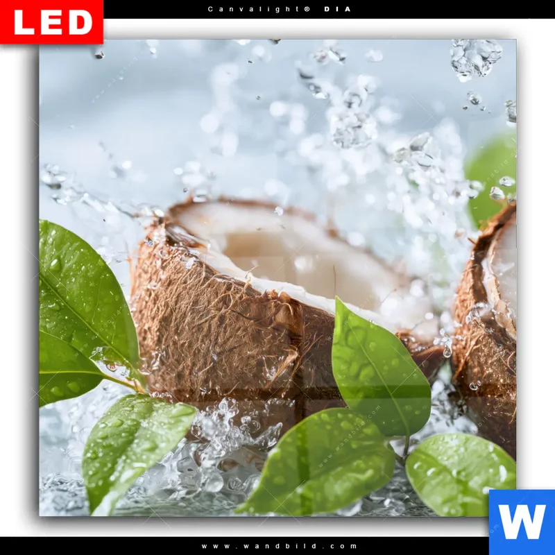 Wechselmotiv Acrylglas Canvalight® DIA | Frische Kokosnuss im Wassersplash | Quadrat
