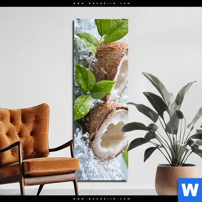 Acrylglasbild | Frische Kokosnuss im Wassersplash | Schmal