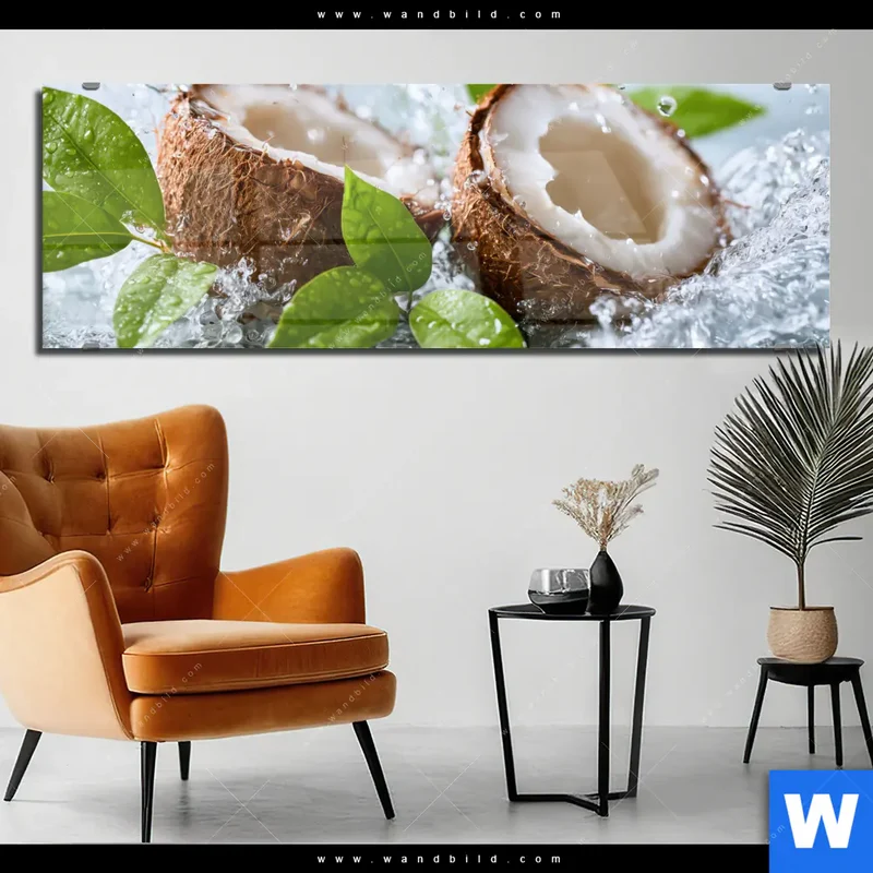 Acrylglasbild | Frische Kokosnuss im Wassersplash | Panorama