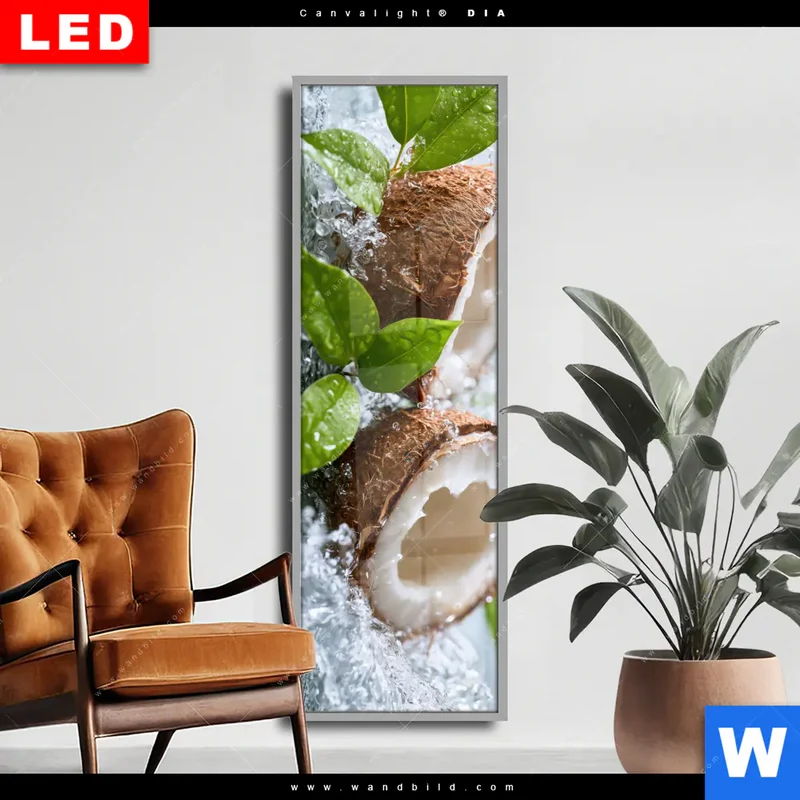 Wechselmotiv Acrylglas Canvalight® DIA | Frische Kokosnuss im Wassersplash | Schmal