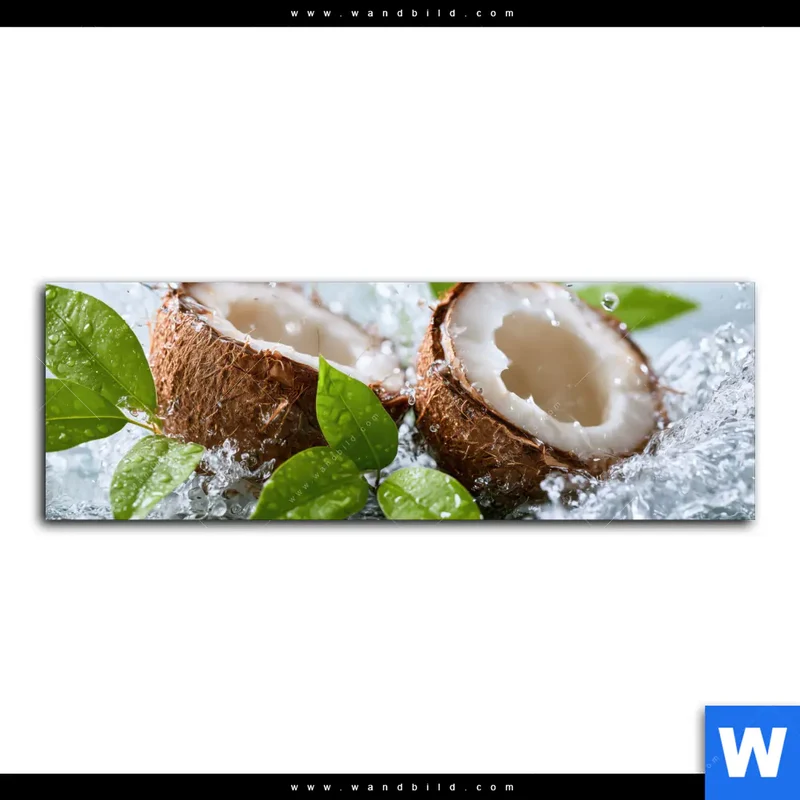 Aluminiumbild gebürstet | Frische Kokosnuss im Wassersplash | Panorama