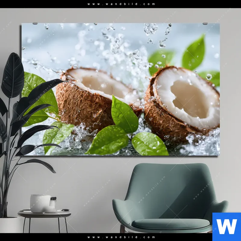 Alu-Dibond Bild | Frische Kokosnuss im Wassersplash | Querformat