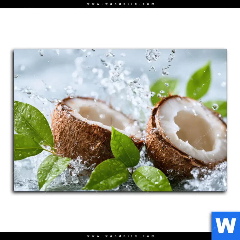 Alu-Dibond Bild | Frische Kokosnuss im Wassersplash | Querformat