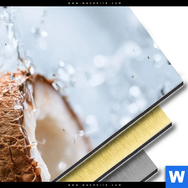 Aluminiumbild gebürstet | Frische Kokosnuss im Wassersplash | Hochformat