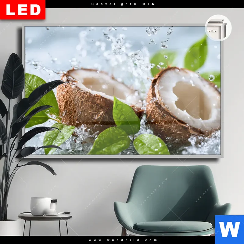 Leuchtbild Acrylglas Canvalight® DIA | Frische Kokosnuss im Wassersplash | Querformat