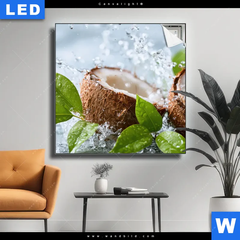 Canvalight® Leuchtbild | Frische Kokosnuss im Wassersplash | Quadrat