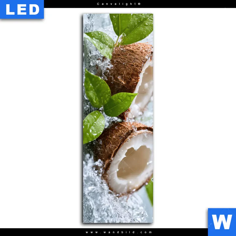 Canvalight® Leuchtbild | Frische Kokosnuss im Wassersplash | Schmal