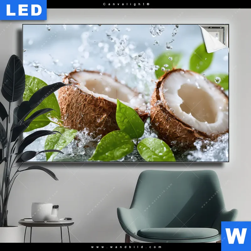 Canvalight® Leuchtbild | Frische Kokosnuss im Wassersplash | Querformat