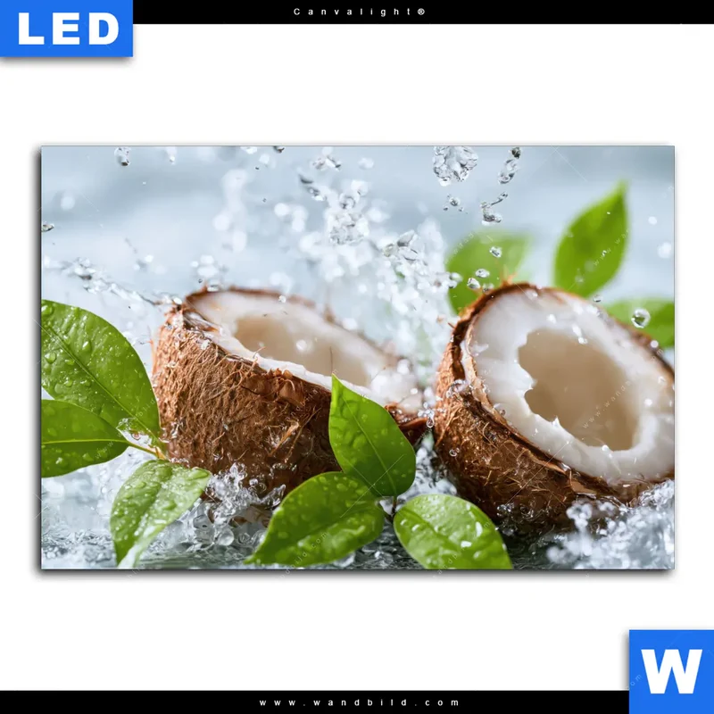 Canvalight® Leuchtbild | Frische Kokosnuss im Wassersplash | Querformat