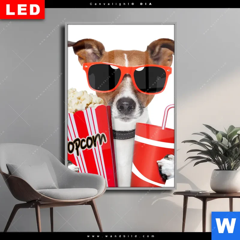 Wechselmotiv Acrylglas Canvalight® DIA | Kinoabend mit Terrier | Hochformat