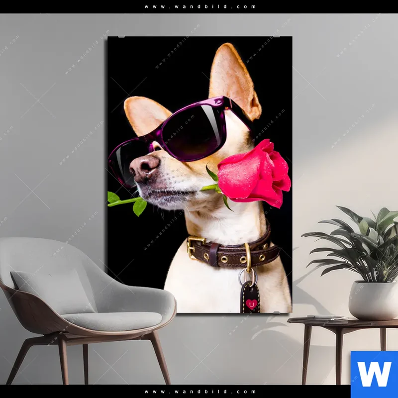 Aluminiumbild gebürstet | Cooler Hund mit roter Rose | Hochformat