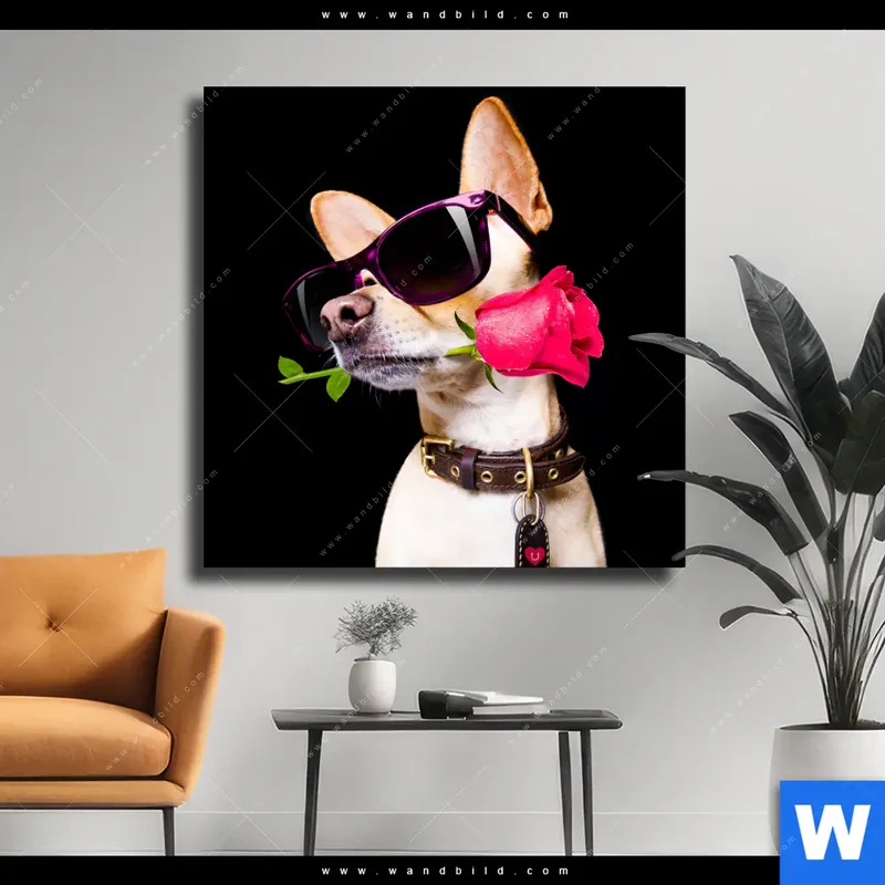 Leinwandbild | Cooler Hund mit roter Rose | Quadrat