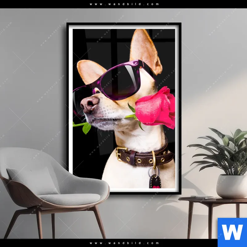 Poster | Cooler Hund mit roter Rose | Hochformat