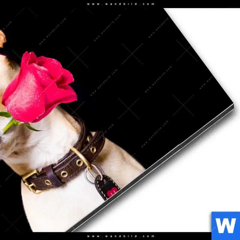 Alu-Dibond Bild | Cooler Hund mit roter Rose | Querformat