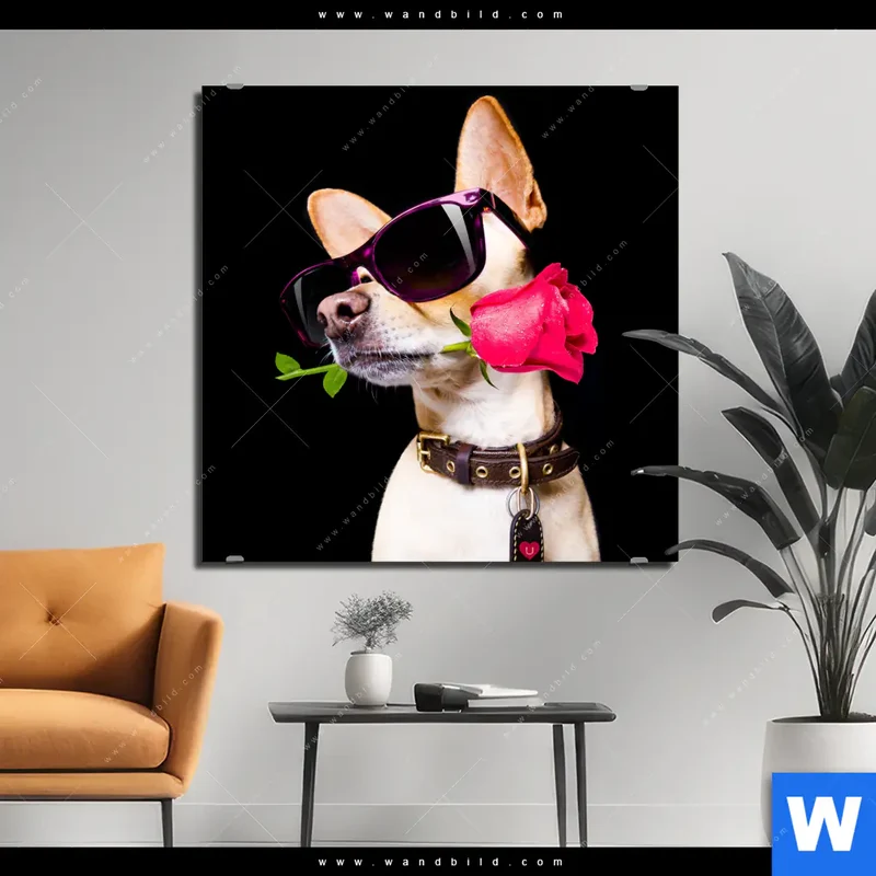 Alu-Dibond Bild | Cooler Hund mit roter Rose | Quadrat