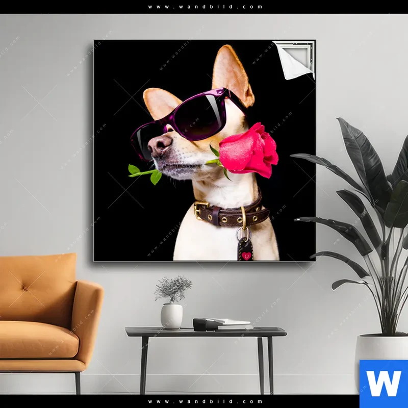 Spannbild | Cooler Hund mit roter Rose | Quadrat
