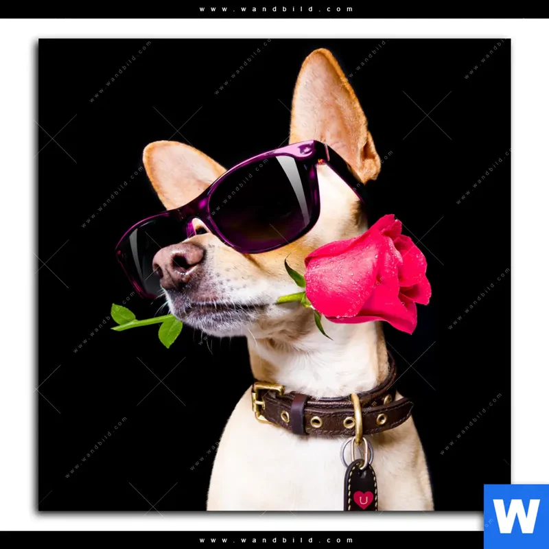 Spannbild | Cooler Hund mit roter Rose | Quadrat