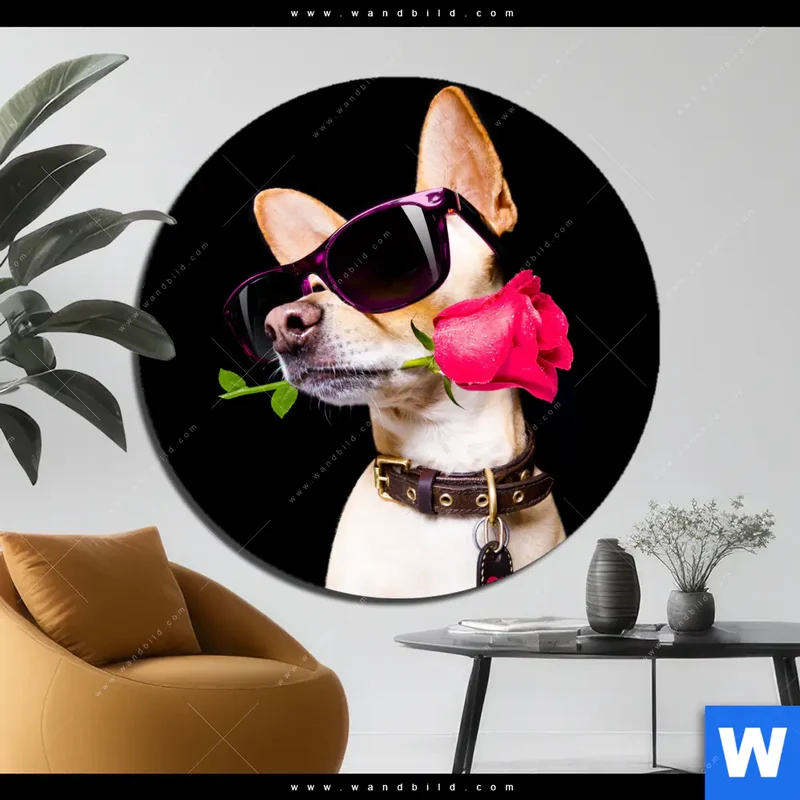 Alu-Dibond Bild | Cooler Hund mit roter Rose | Rund