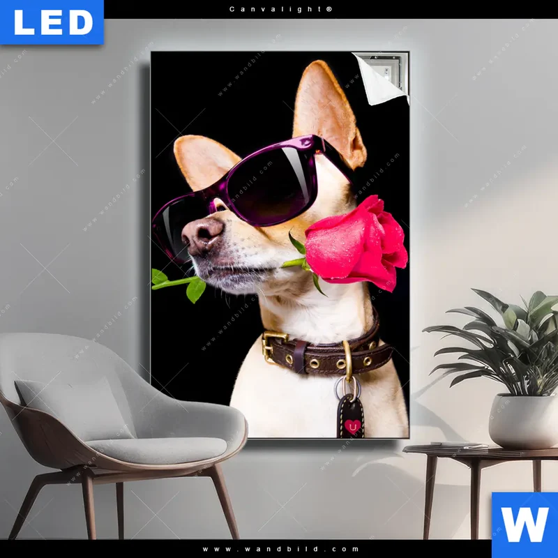 Canvalight® Leuchtbild | Cooler Hund mit roter Rose | Hochformat