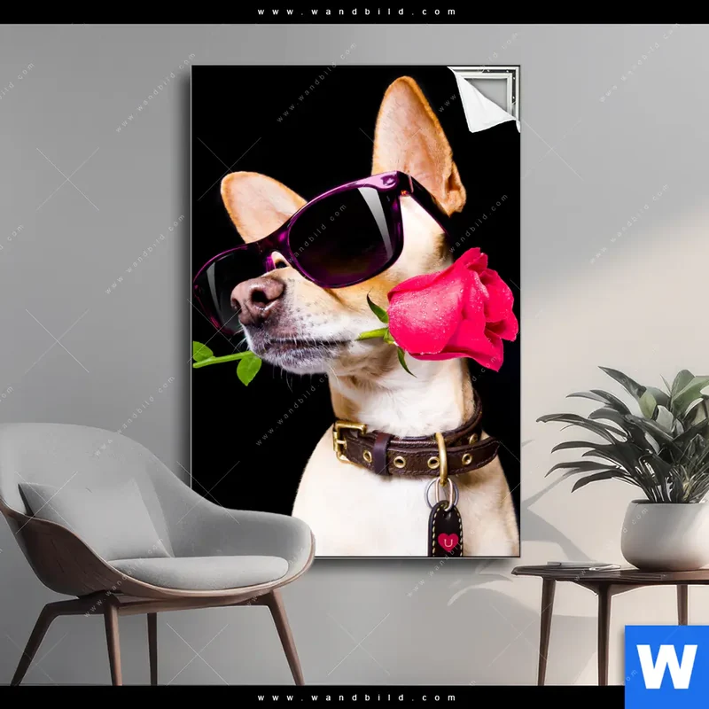 Spannbild | Cooler Hund mit roter Rose | Hochformat