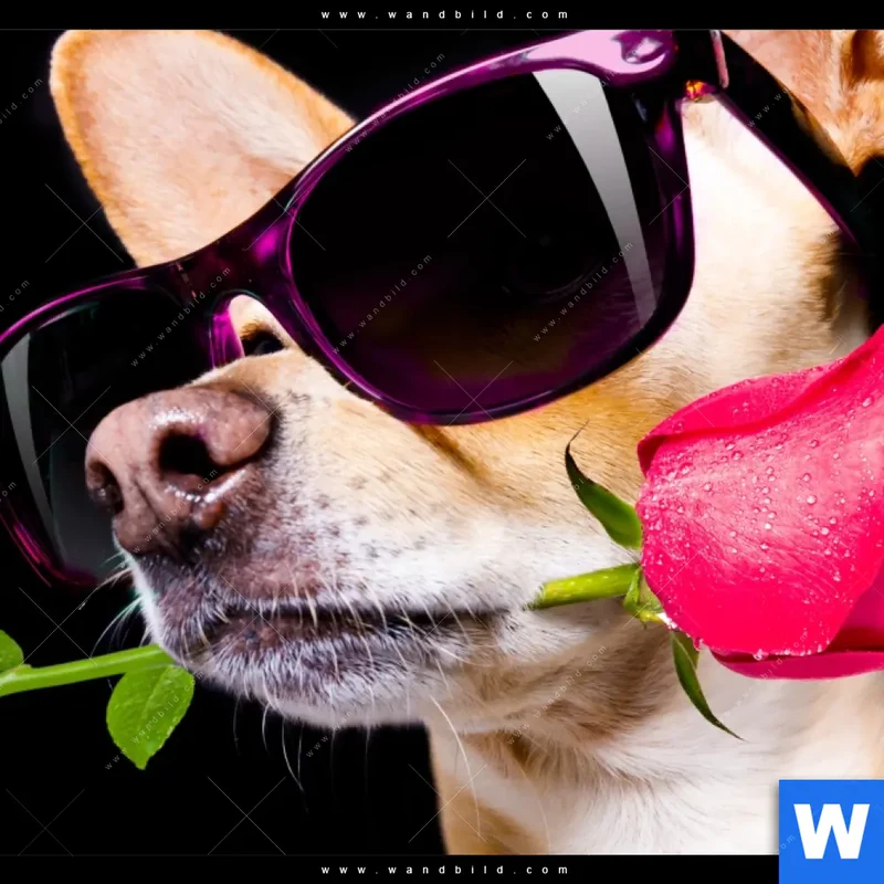 Spannbild | Cooler Hund mit roter Rose | Hochformat