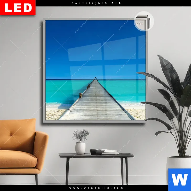 Leuchtbild Acrylglas Canvalight® DIA | Steg ins endlose Blau | Quadrat