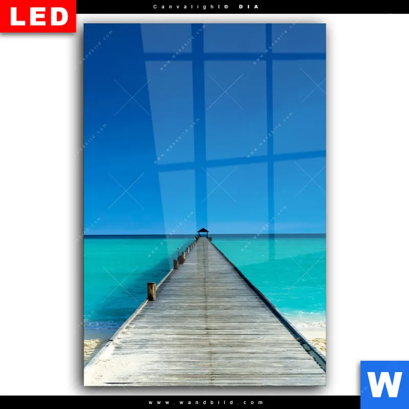 Wechselmotiv Acrylglas Canvalight® DIA | Steg ins endlose Blau | Hochformat