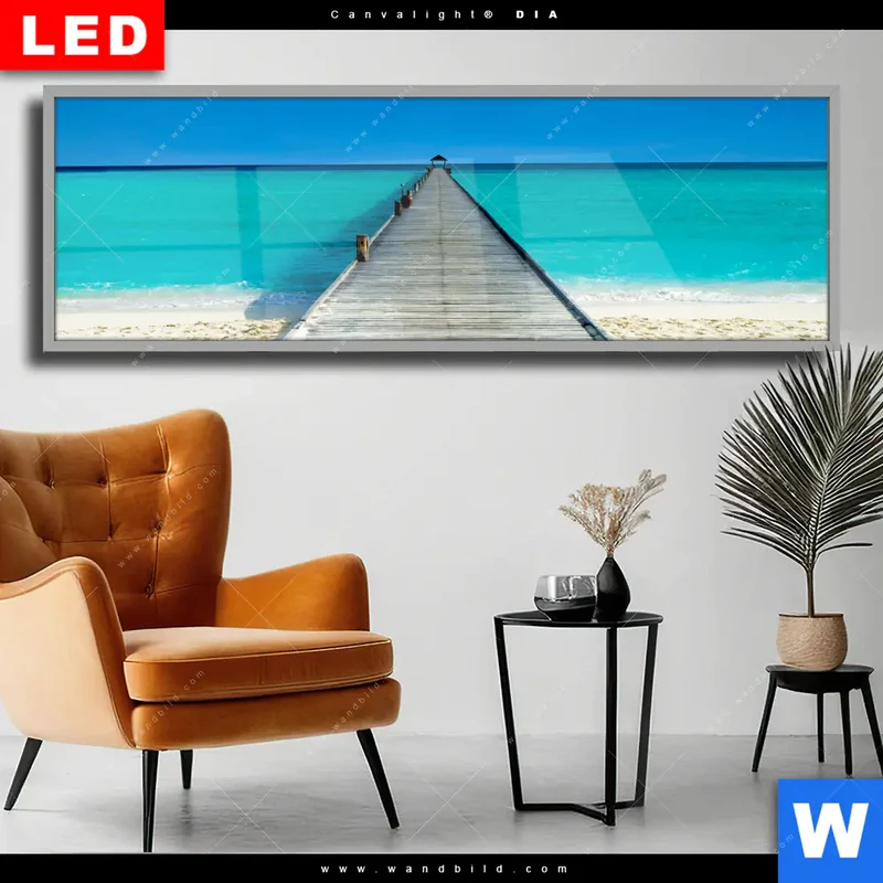 Wechselmotiv Acrylglas Canvalight® DIA | Steg ins endlose Blau | Panorama