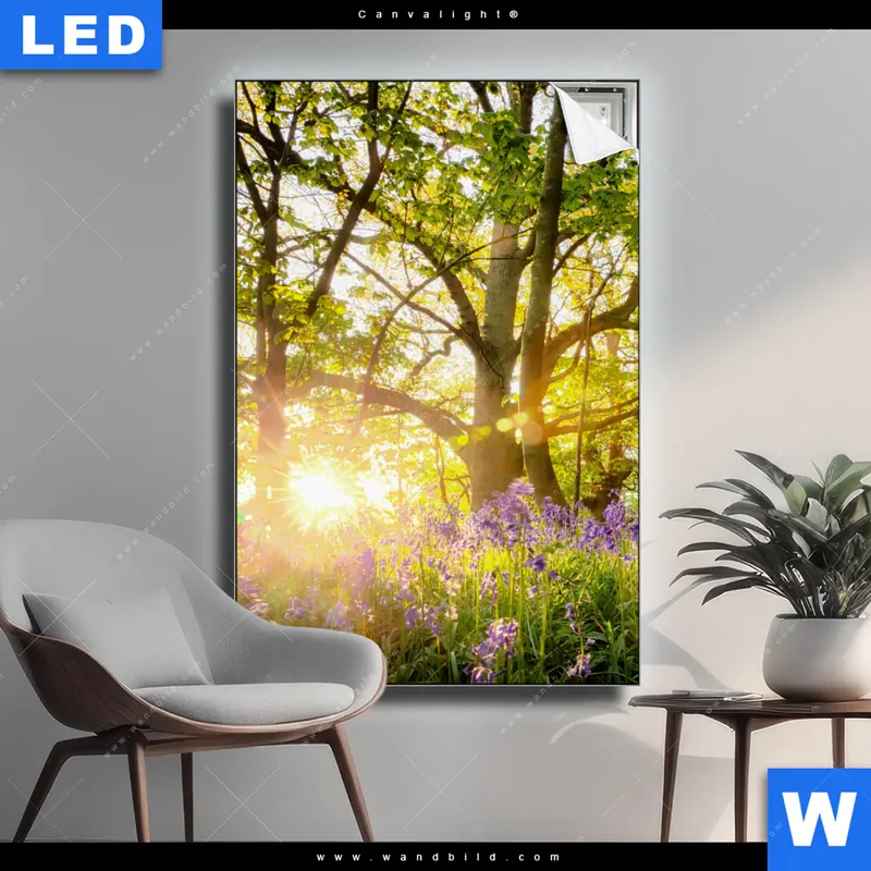 Canvalight® Leuchtbild | Frühlingserwachen zwischen Bäumen | Hochformat