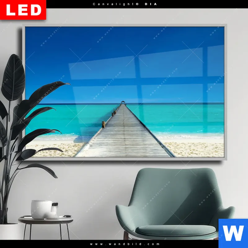 Wechselmotiv Acrylglas Canvalight® DIA | Steg ins endlose Blau | Querformat